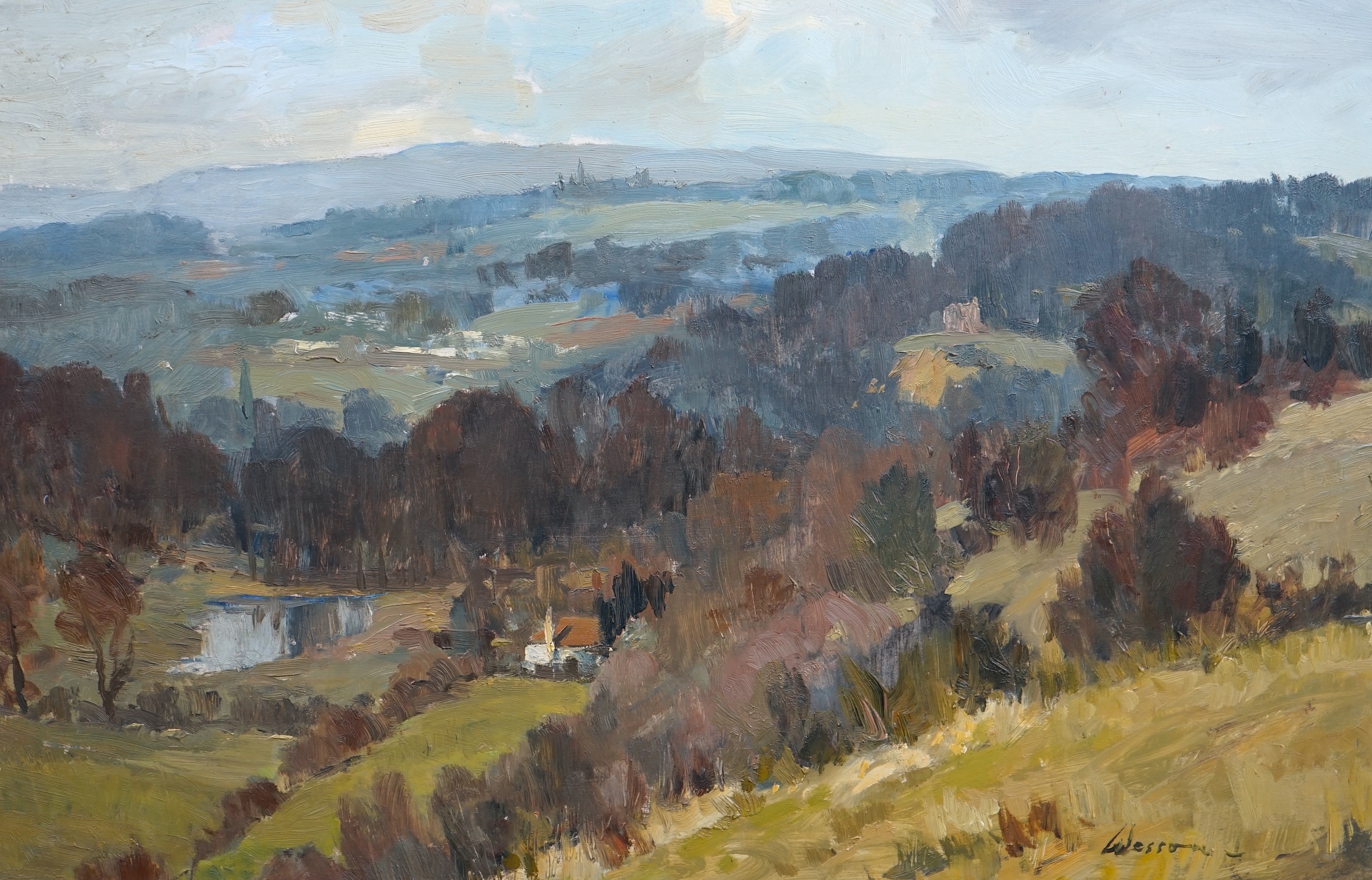 Edward Wesson RI RSMA (British, 1910-1983), 'The Chantries from Pewley Hill', oil on board, 50 x 75cm